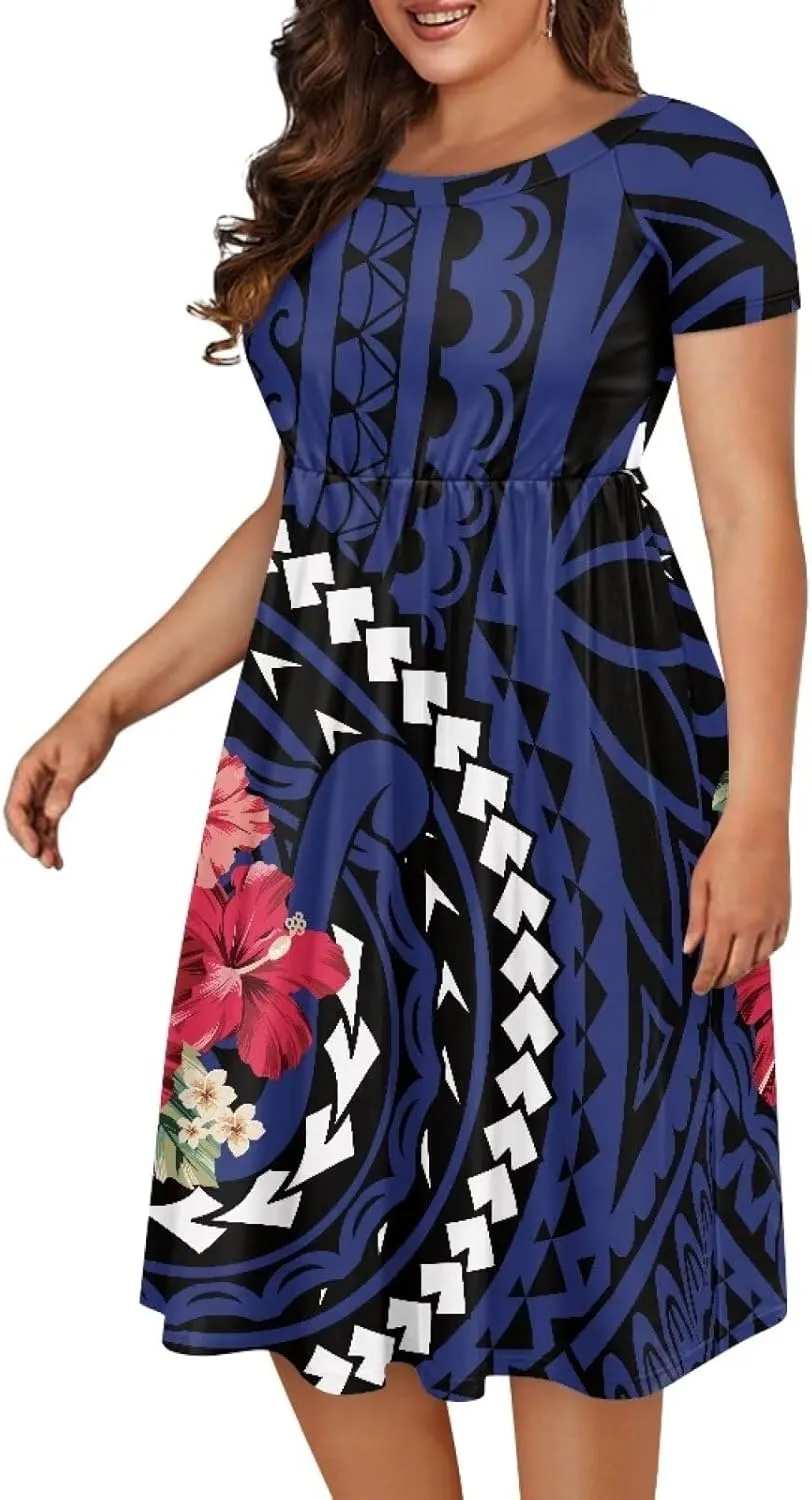 Women's Short Sleeve Polynesian Tribal Print Puletasi Samoa Ptaha Swing Dress Casual Loose T-Shirt Dress