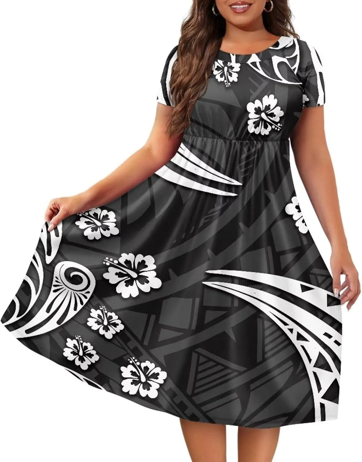 Women's Short Sleeve Polynesian Tribal Print Puletasi Samoa Ptaha Swing Dress Casual Loose T-Shirt Dress