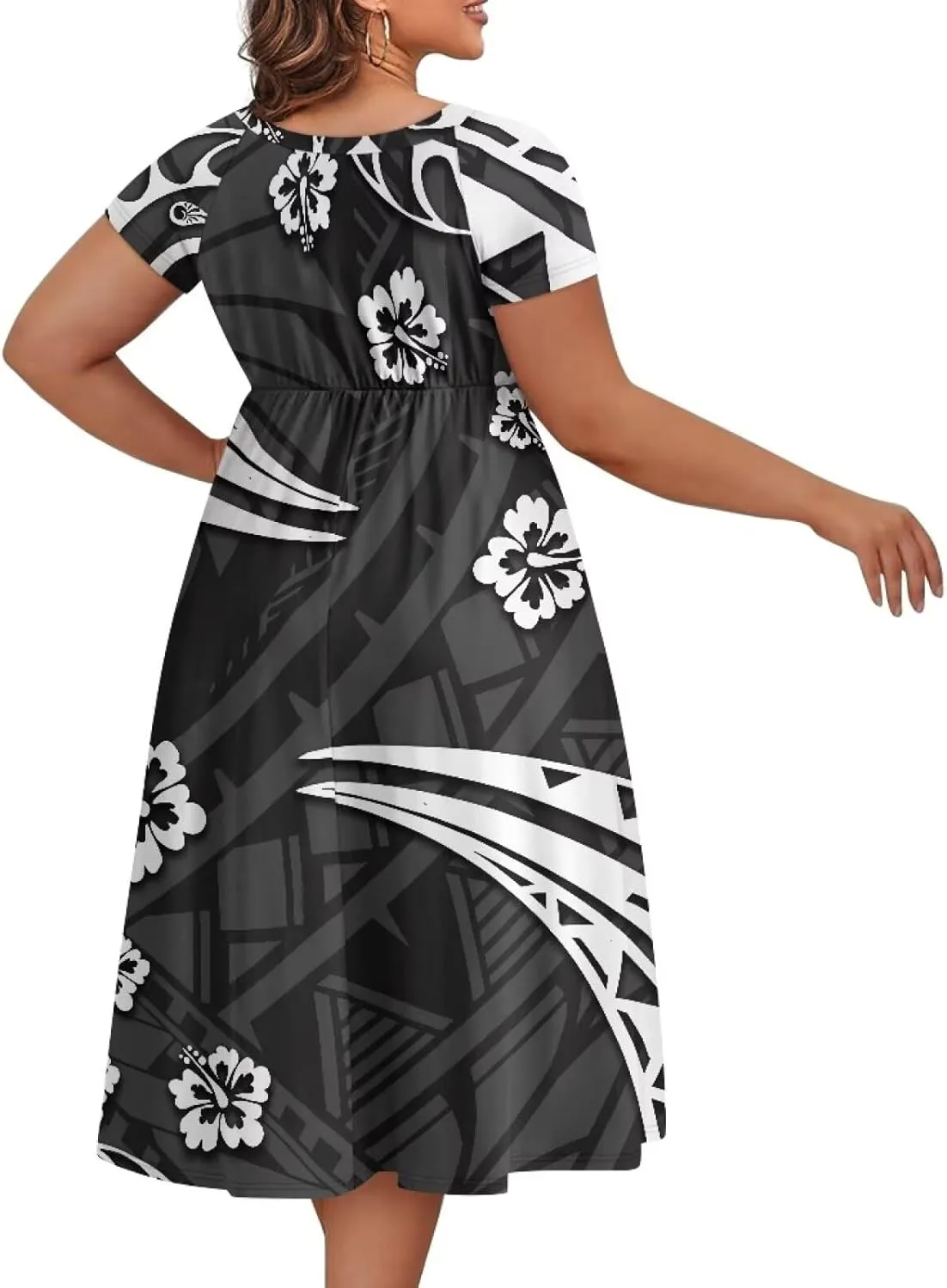 Women's Short Sleeve Polynesian Tribal Print Puletasi Samoa Ptaha Swing Dress Casual Loose T-Shirt Dress
