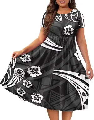 Women's Short Sleeve Polynesian Tribal Print Puletasi Samoa Ptaha Swing Dress Casual Loose T-Shirt Dress