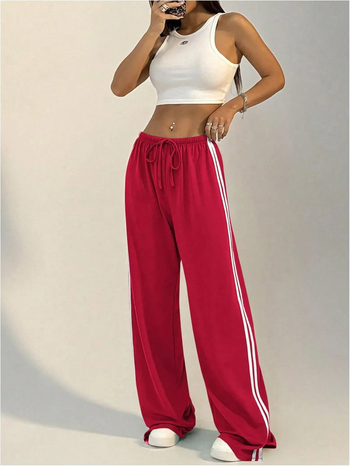 Women's Side Striped Pant Baggy Wide Leg Sweatpants Drawstring Low Waisted Slit Track Pants Streetwear Joggers