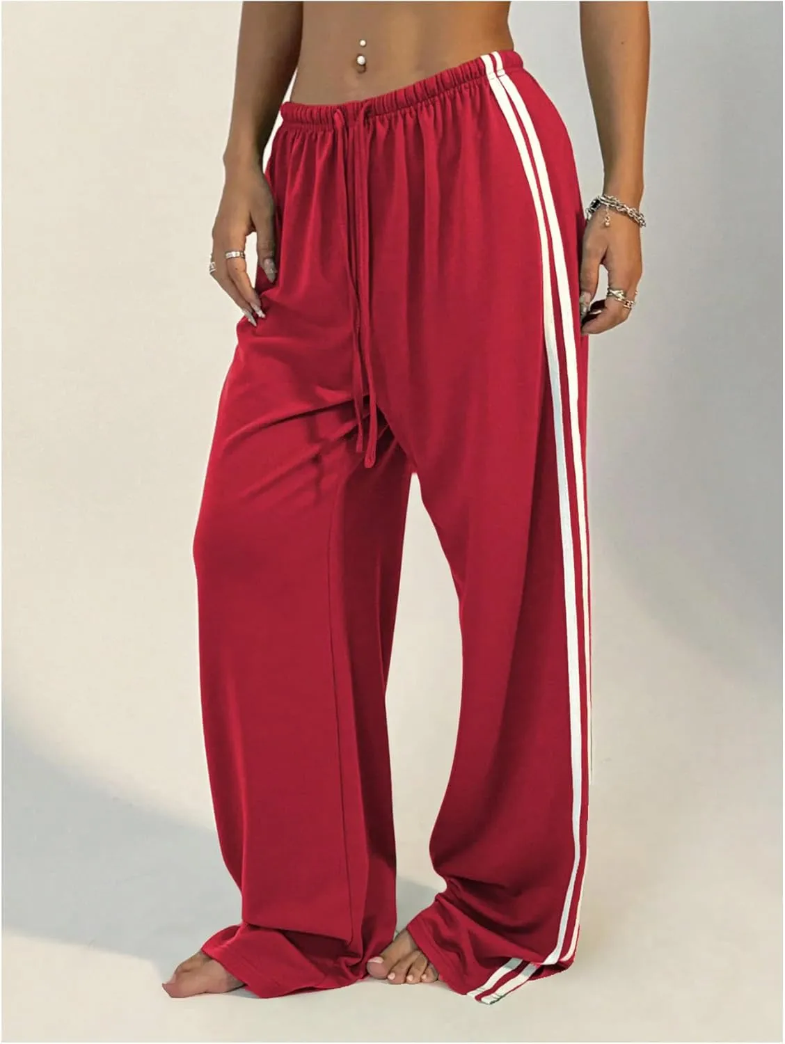 Women's Side Striped Pant Baggy Wide Leg Sweatpants Drawstring Low Waisted Slit Track Pants Streetwear Joggers