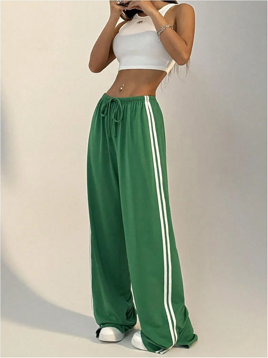 Women's Side Striped Pant Baggy Wide Leg Sweatpants Drawstring Low Waisted Slit Track Pants Streetwear Joggers