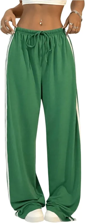 Women's Side Striped Pant Baggy Wide Leg Sweatpants Drawstring Low Waisted Slit Track Pants Streetwear Joggers