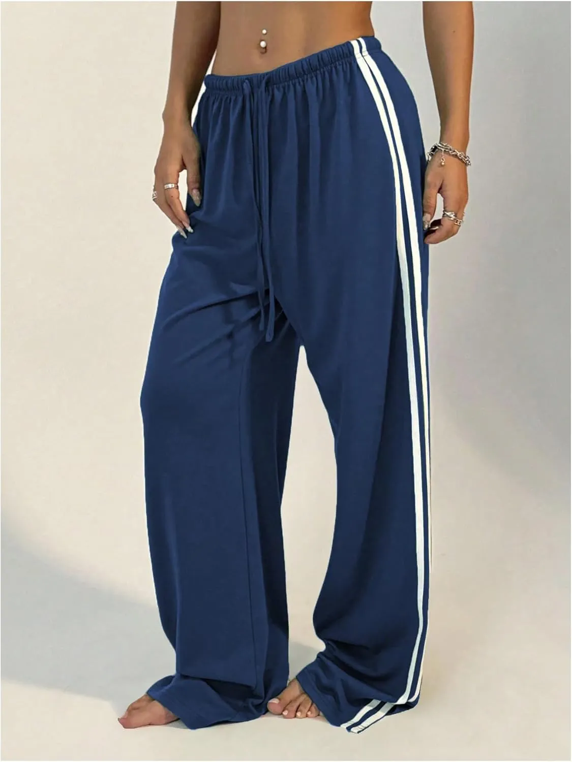 Women's Side Striped Pant Baggy Wide Leg Sweatpants Drawstring Low Waisted Slit Track Pants Streetwear Joggers