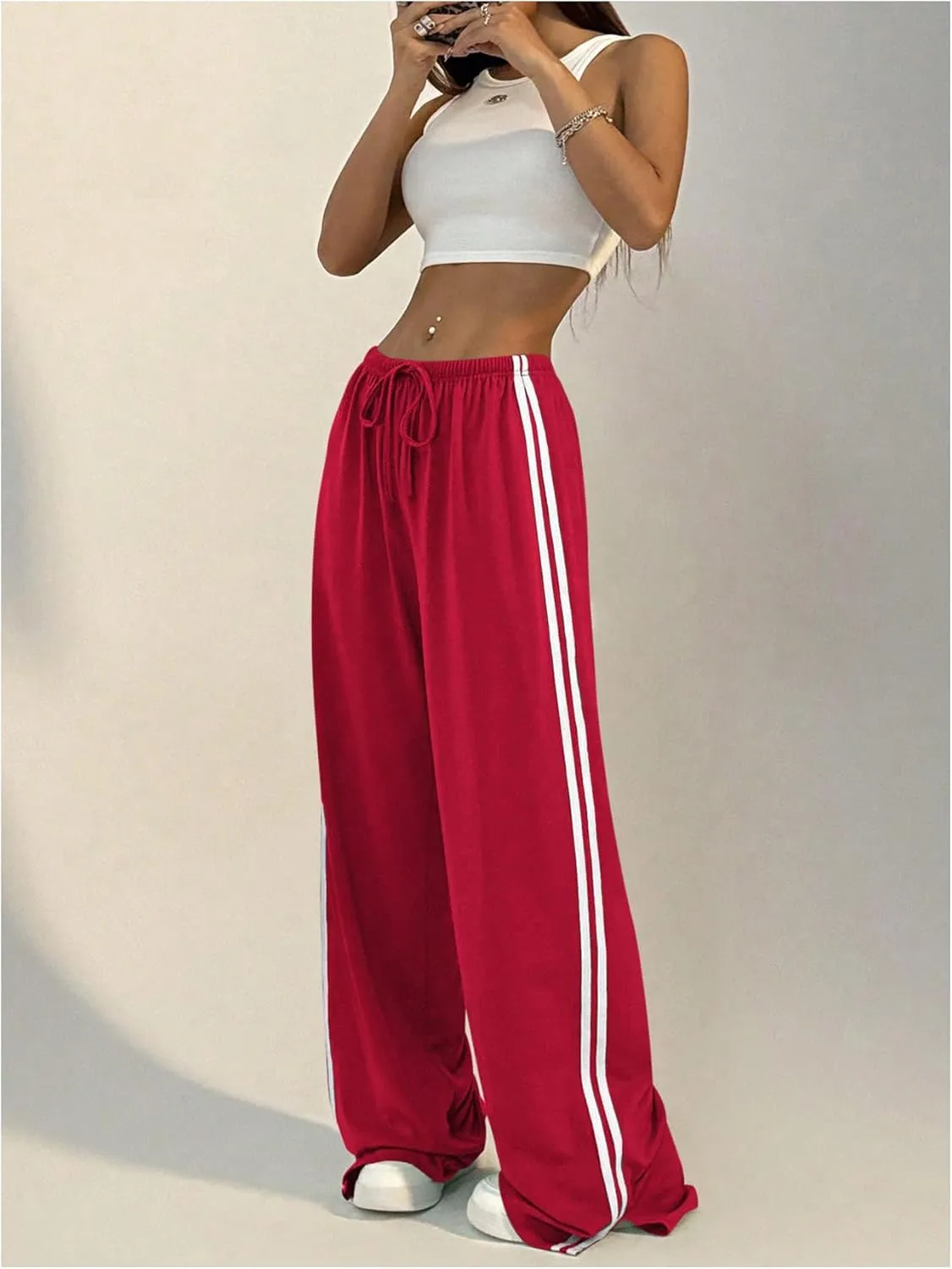 Women's Side Striped Pant Baggy Wide Leg Sweatpants Drawstring Low Waisted Slit Track Pants Streetwear Joggers