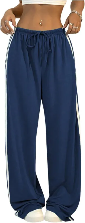 Women's Side Striped Pant Baggy Wide Leg Sweatpants Drawstring Low Waisted Slit Track Pants Streetwear Joggers