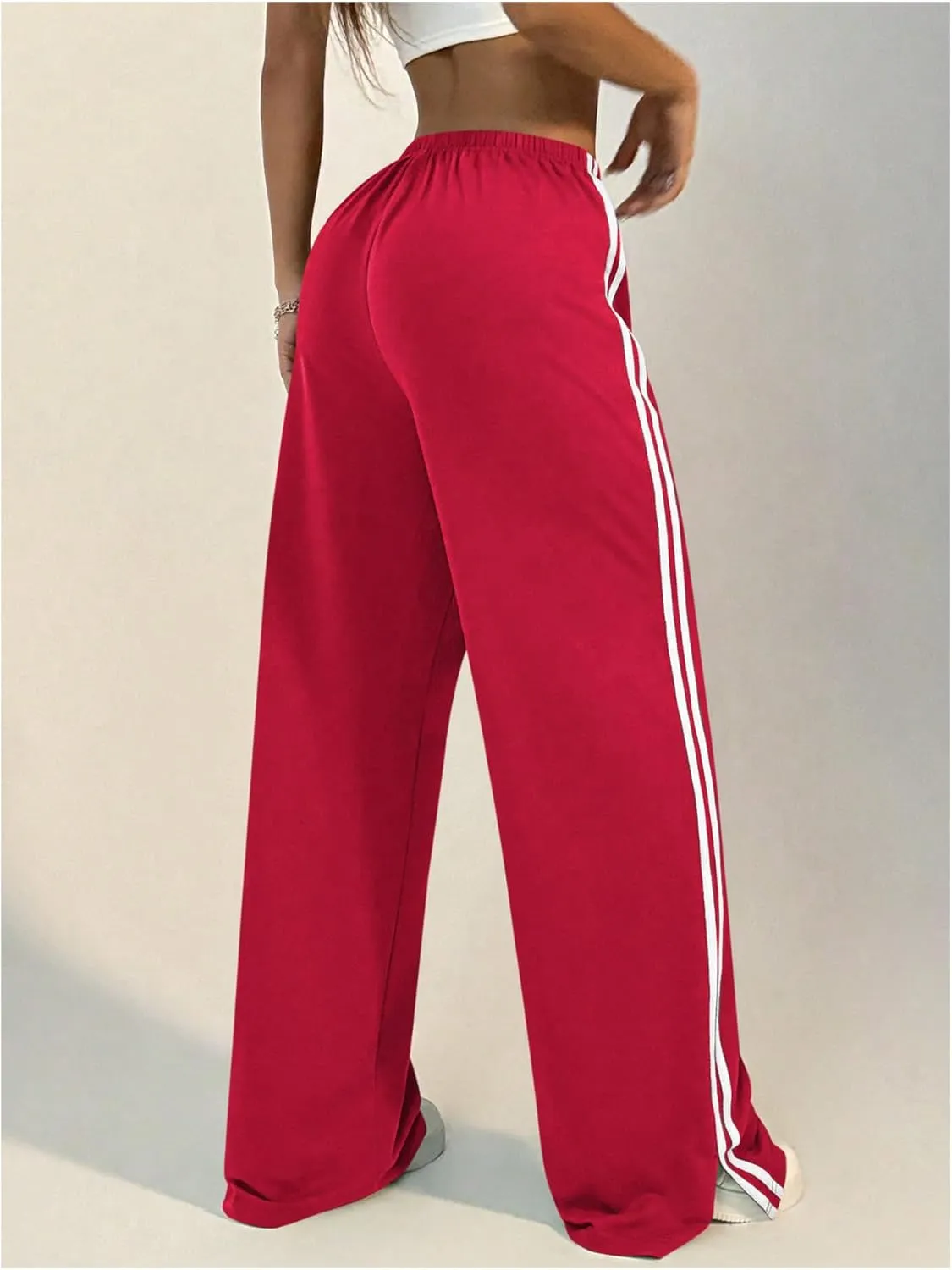 Women's Side Striped Pant Baggy Wide Leg Sweatpants Drawstring Low Waisted Slit Track Pants Streetwear Joggers