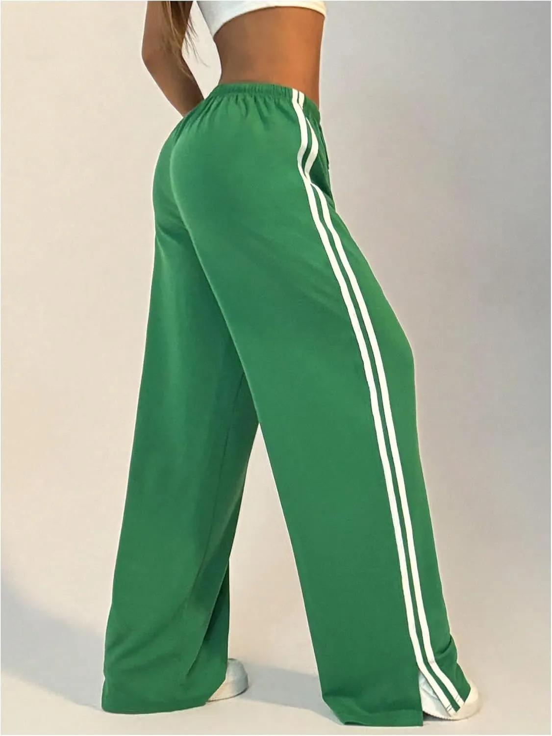 Women's Side Striped Pant Baggy Wide Leg Sweatpants Drawstring Low Waisted Slit Track Pants Streetwear Joggers