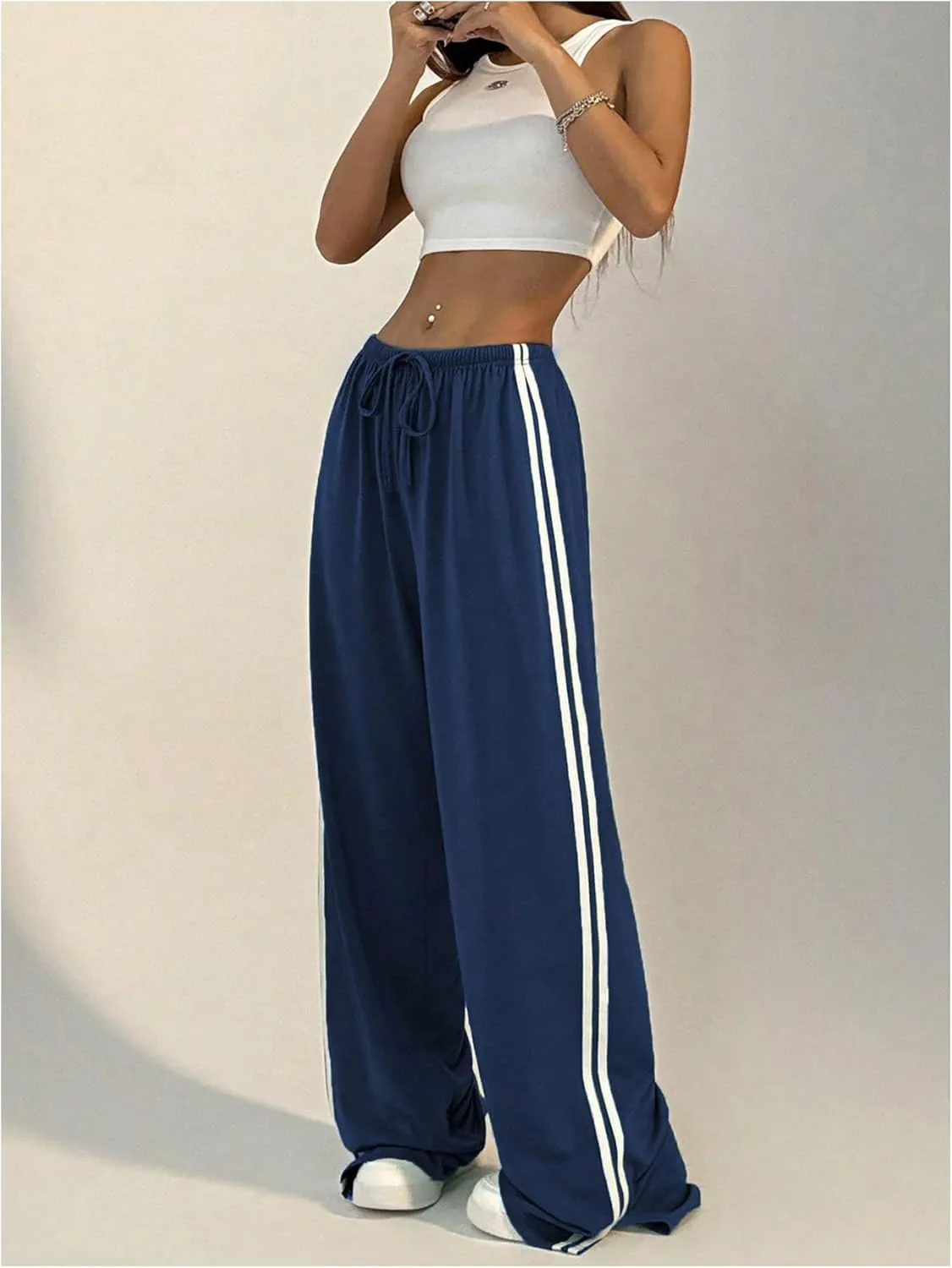 Women's Side Striped Pant Baggy Wide Leg Sweatpants Drawstring Low Waisted Slit Track Pants Streetwear Joggers