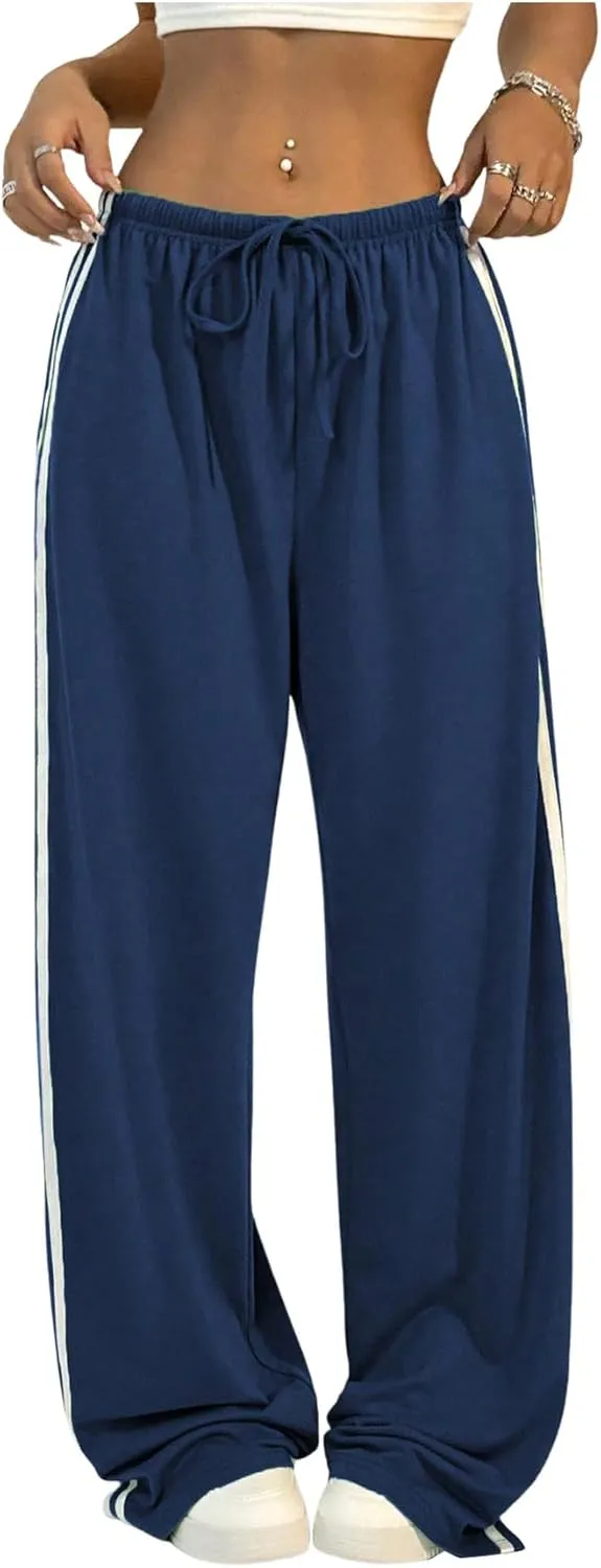 Women's Side Striped Pant Baggy Wide Leg Sweatpants Drawstring Low Waisted Slit Track Pants Streetwear Joggers