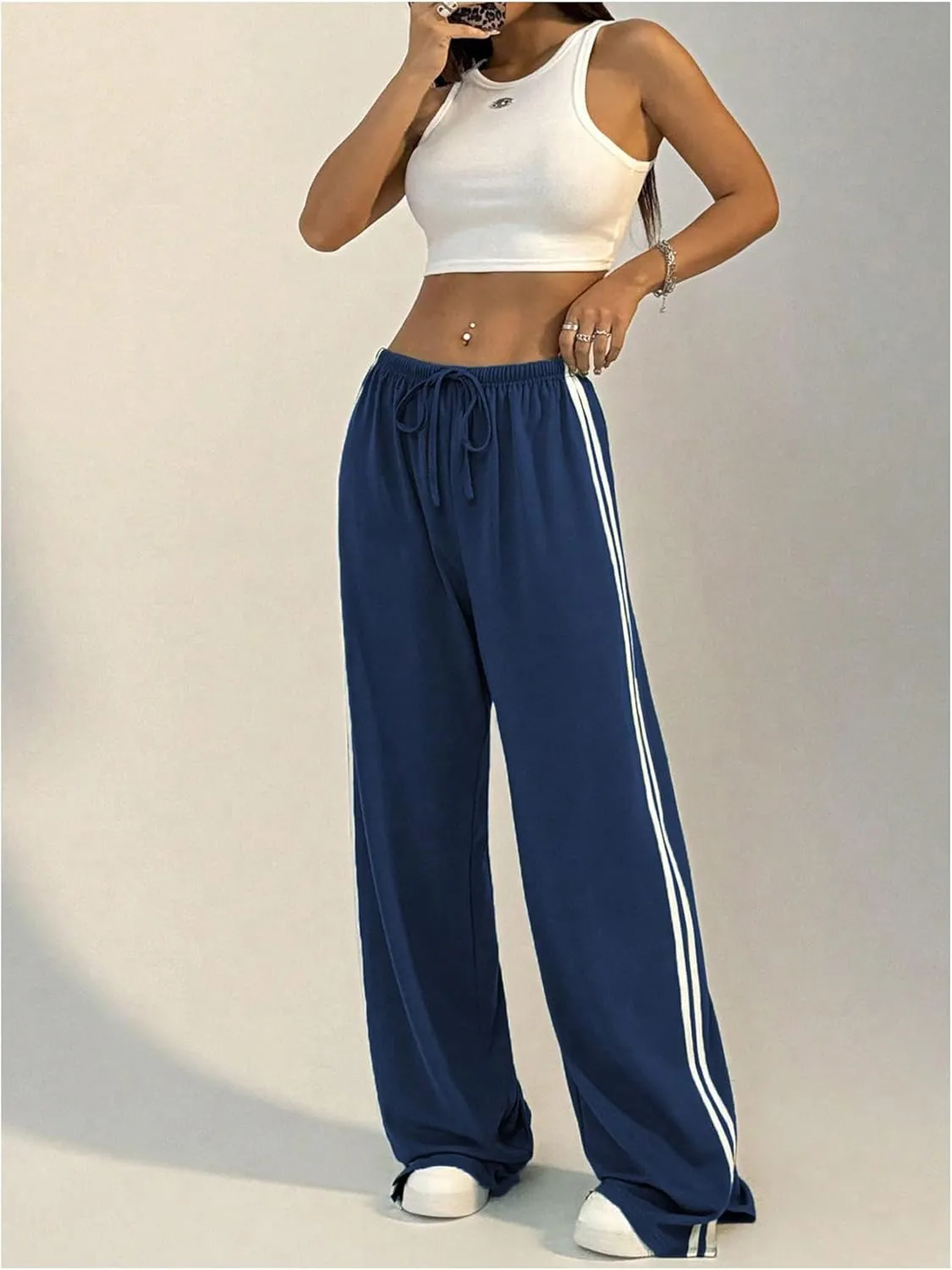 Women's Side Striped Pant Baggy Wide Leg Sweatpants Drawstring Low Waisted Slit Track Pants Streetwear Joggers