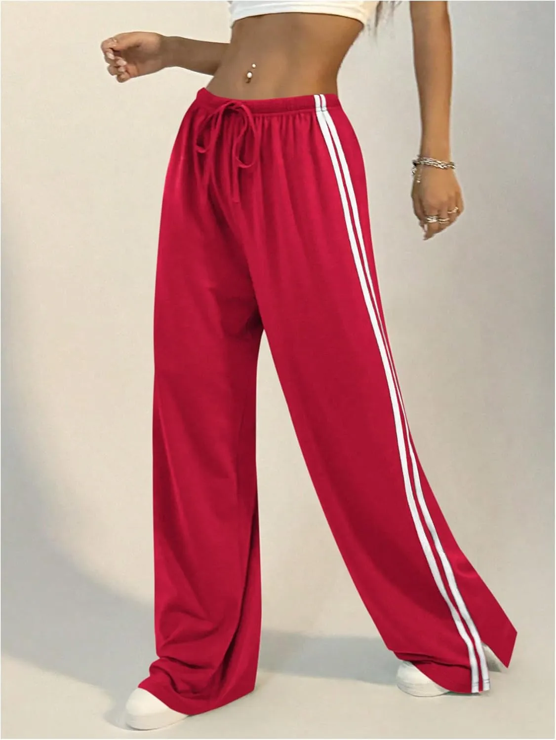 Women's Side Striped Pant Baggy Wide Leg Sweatpants Drawstring Low Waisted Slit Track Pants Streetwear Joggers