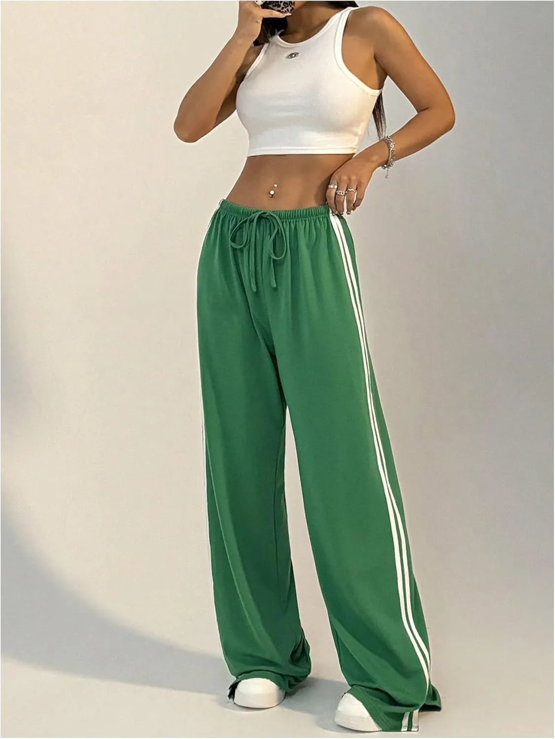 Women's Side Striped Pant Baggy Wide Leg Sweatpants Drawstring Low Waisted Slit Track Pants Streetwear Joggers
