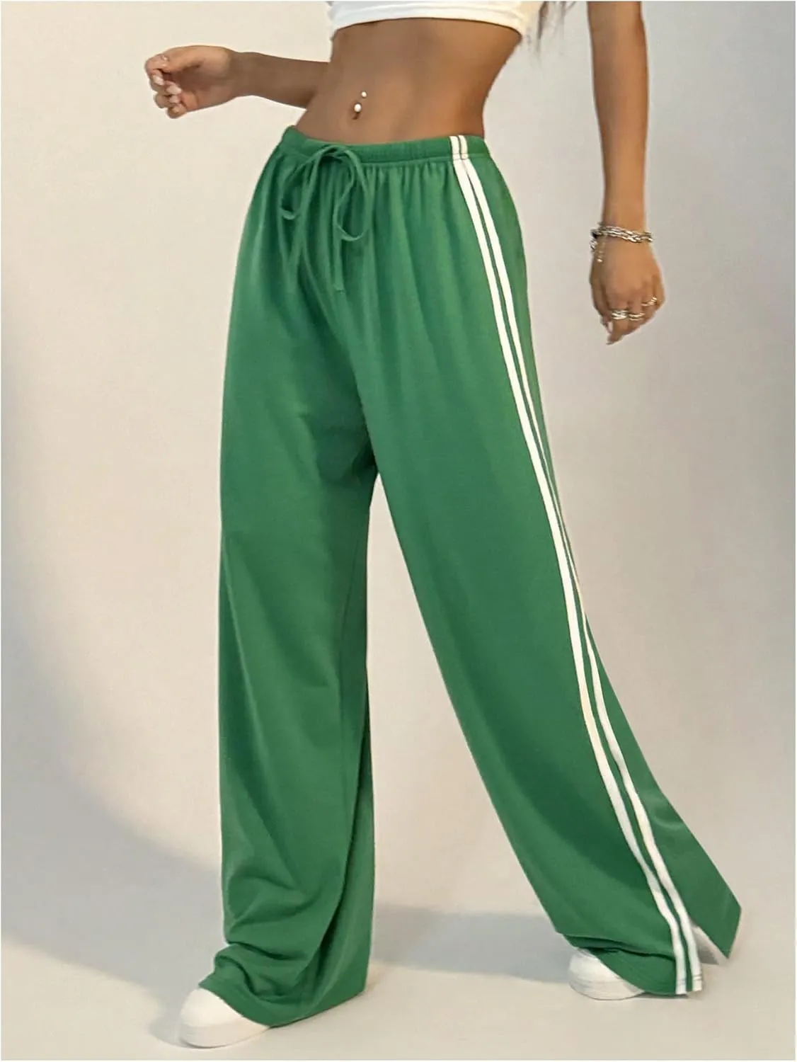 Women's Side Striped Pant Baggy Wide Leg Sweatpants Drawstring Low Waisted Slit Track Pants Streetwear Joggers