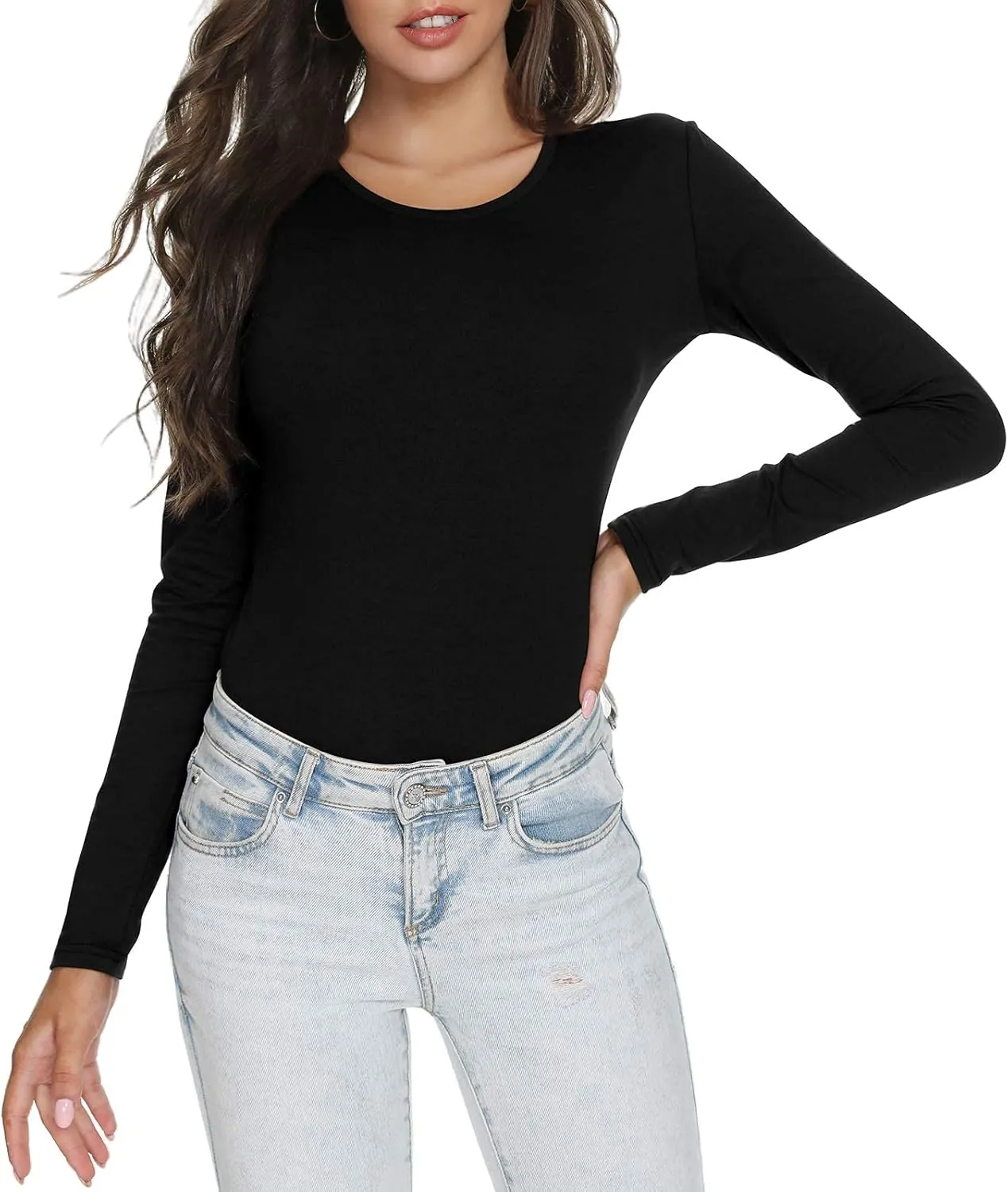 Women's Slim Fitted V Neck/Crewneck Long Sleeve T Shirt Basic Soft Cotton Tops