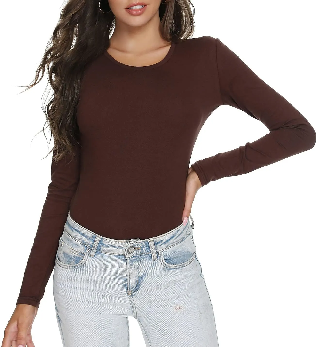 Women's Slim Fitted V Neck/Crewneck Long Sleeve T Shirt Basic Soft Cotton Tops