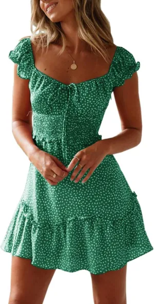 Womens Smocked Dress Summer Boho Floral Square Neck Short Sleeve Ruffle Mini Dress Casual Beach Vacation Dresses