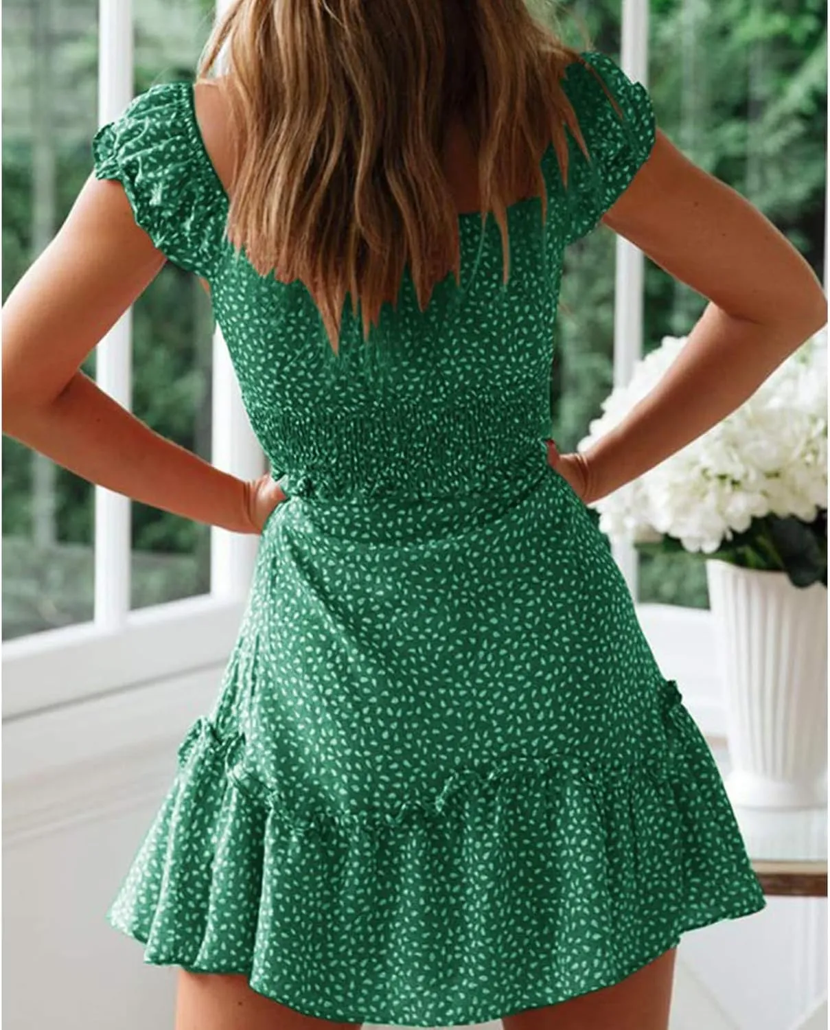 Womens Smocked Dress Summer Boho Floral Square Neck Short Sleeve Ruffle Mini Dress Casual Beach Vacation Dresses