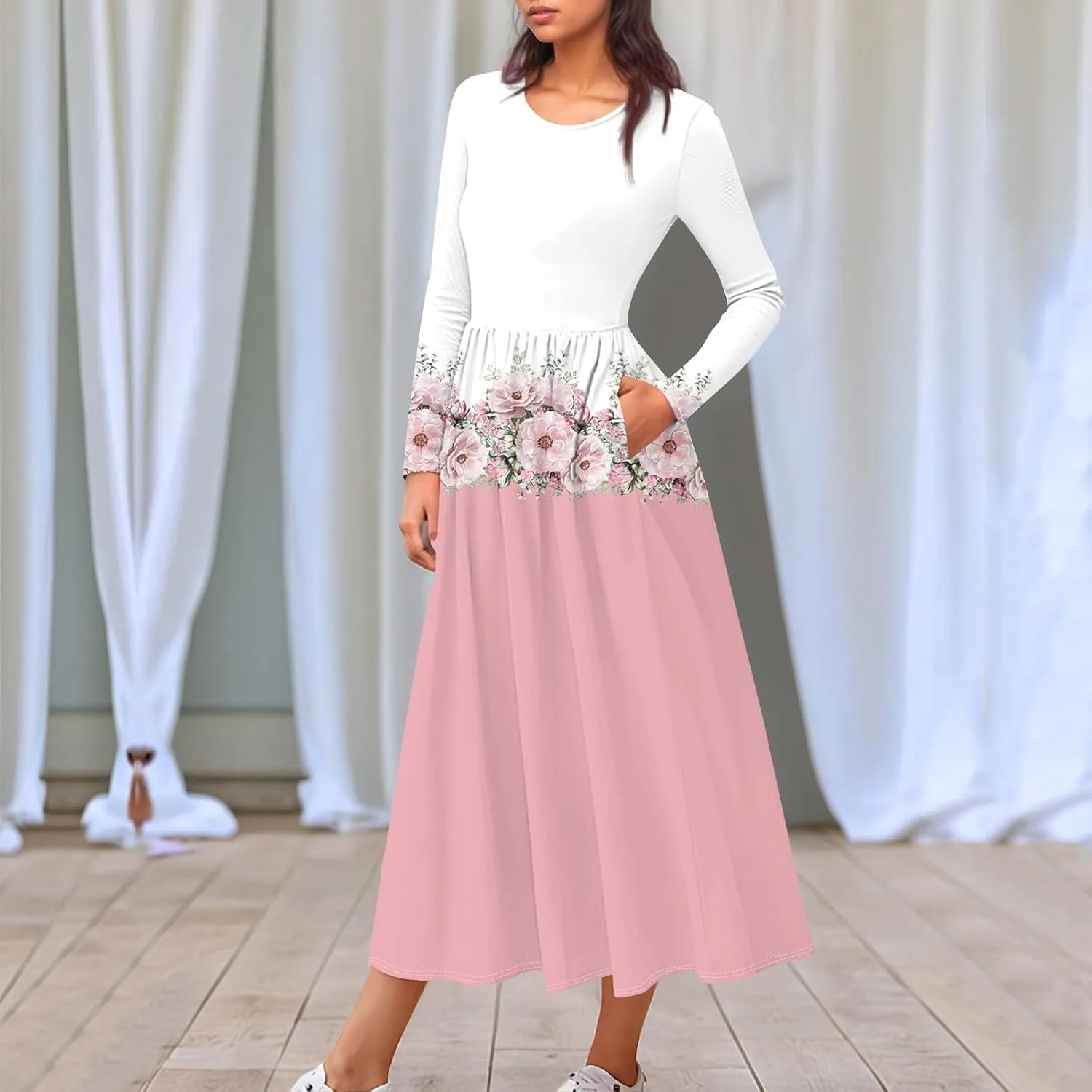 Womens Spring Dresses 2025 Long Sleeve O Neck Midi Trendy Summer Elegant Boho Holiday Fitted Dress