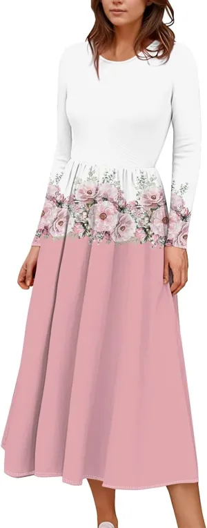 Womens Spring Dresses 2025 Long Sleeve O Neck Midi Trendy Summer Elegant Boho Holiday Fitted Dress
