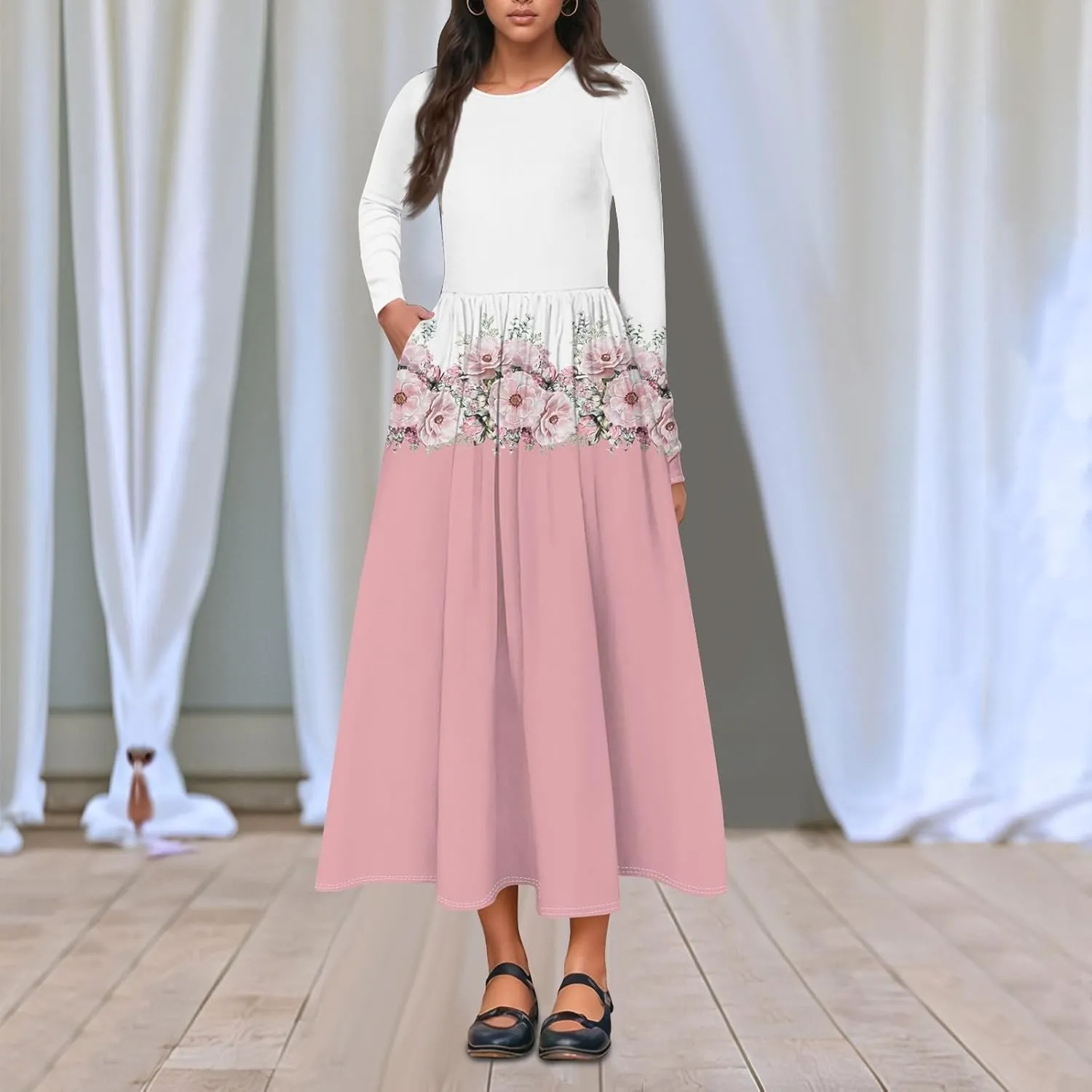 Womens Spring Dresses 2025 Long Sleeve O Neck Midi Trendy Summer Elegant Boho Holiday Fitted Dress