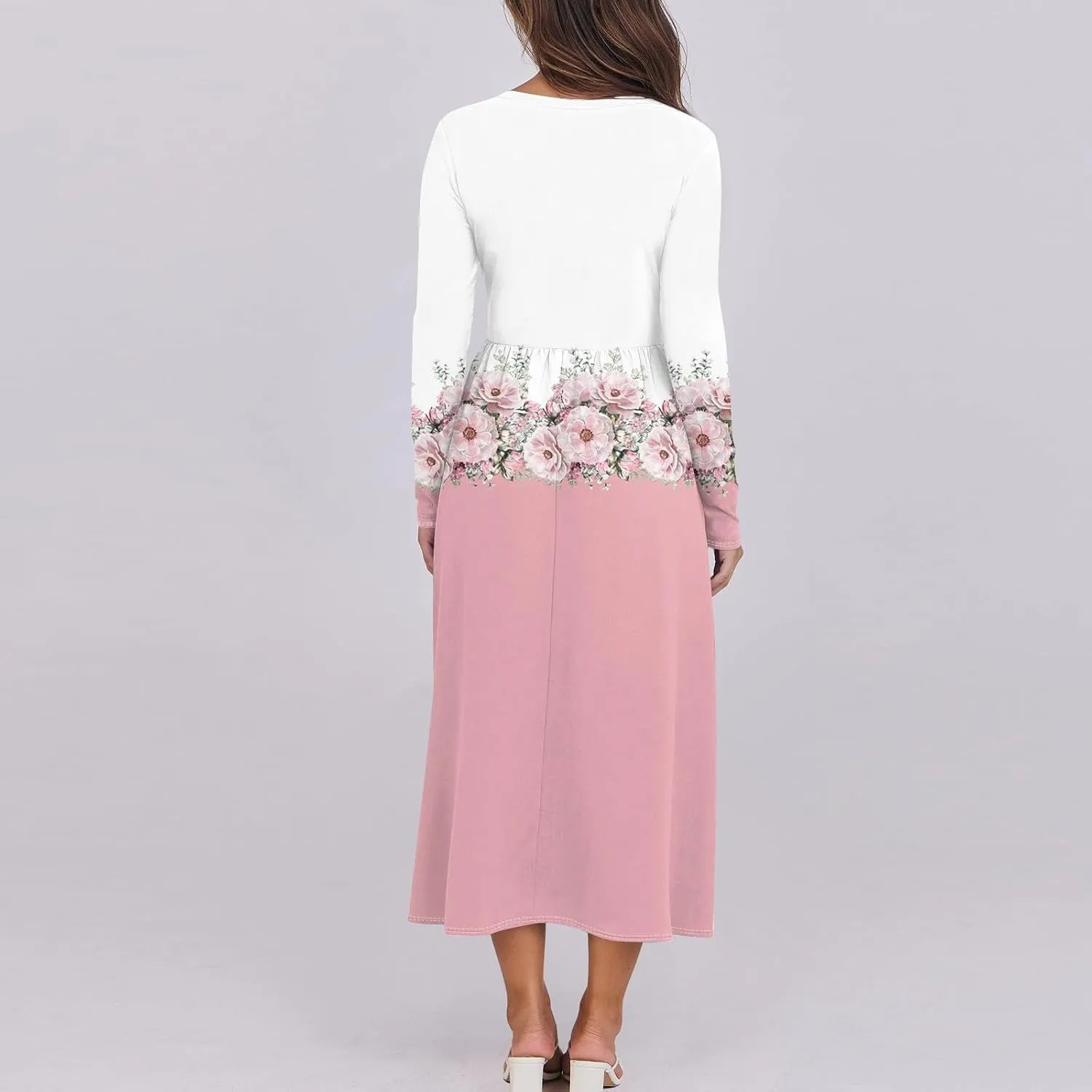 Womens Spring Dresses 2025 Long Sleeve O Neck Midi Trendy Summer Elegant Boho Holiday Fitted Dress