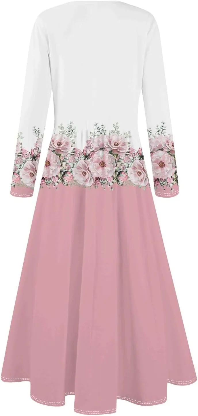 Womens Spring Dresses 2025 Long Sleeve O Neck Midi Trendy Summer Elegant Boho Holiday Fitted Dress