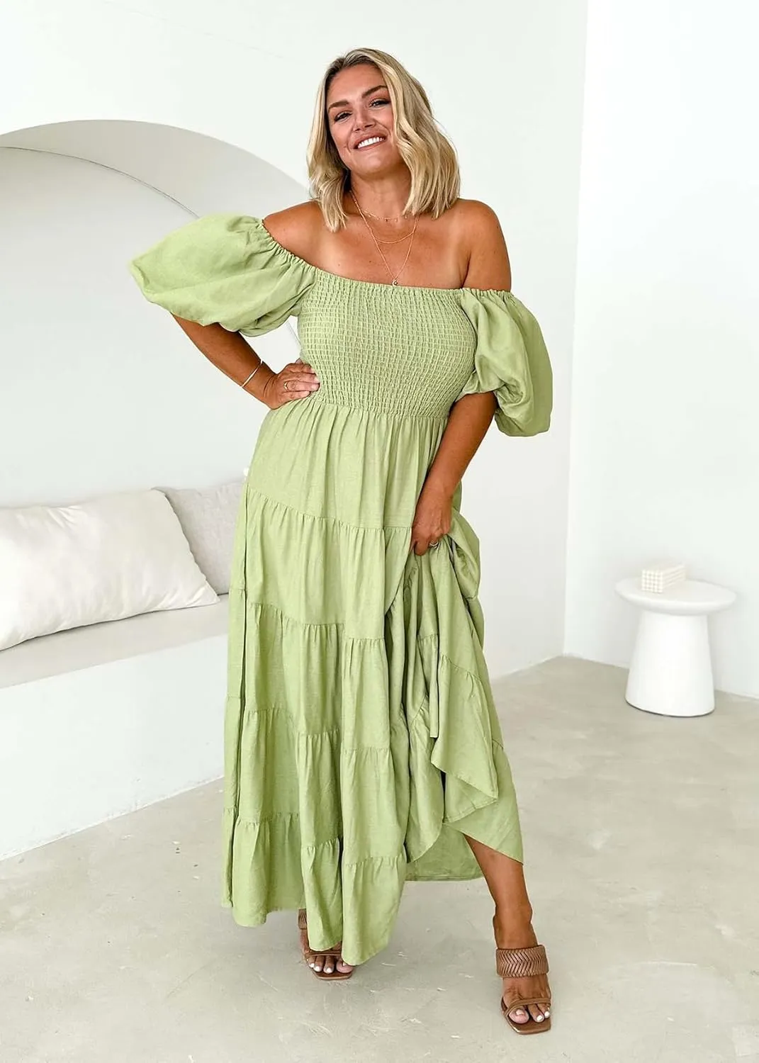 Womens Spring Summer Long Dresses Boho Floral Square Neck Midi Dress Puff Short Sleeve Tiered Maxi Dress Beach Sundress