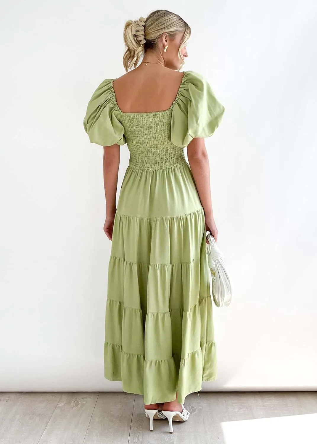 Womens Spring Summer Long Dresses Boho Floral Square Neck Midi Dress Puff Short Sleeve Tiered Maxi Dress Beach Sundress