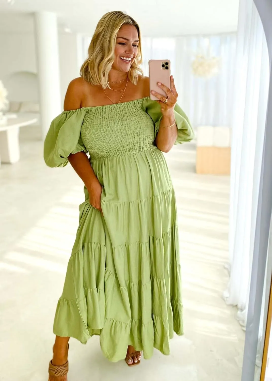 Womens Spring Summer Long Dresses Boho Floral Square Neck Midi Dress Puff Short Sleeve Tiered Maxi Dress Beach Sundress