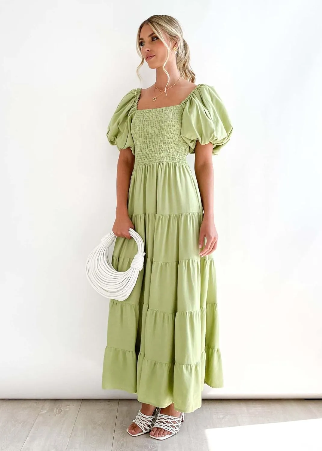 Womens Spring Summer Long Dresses Boho Floral Square Neck Midi Dress Puff Short Sleeve Tiered Maxi Dress Beach Sundress