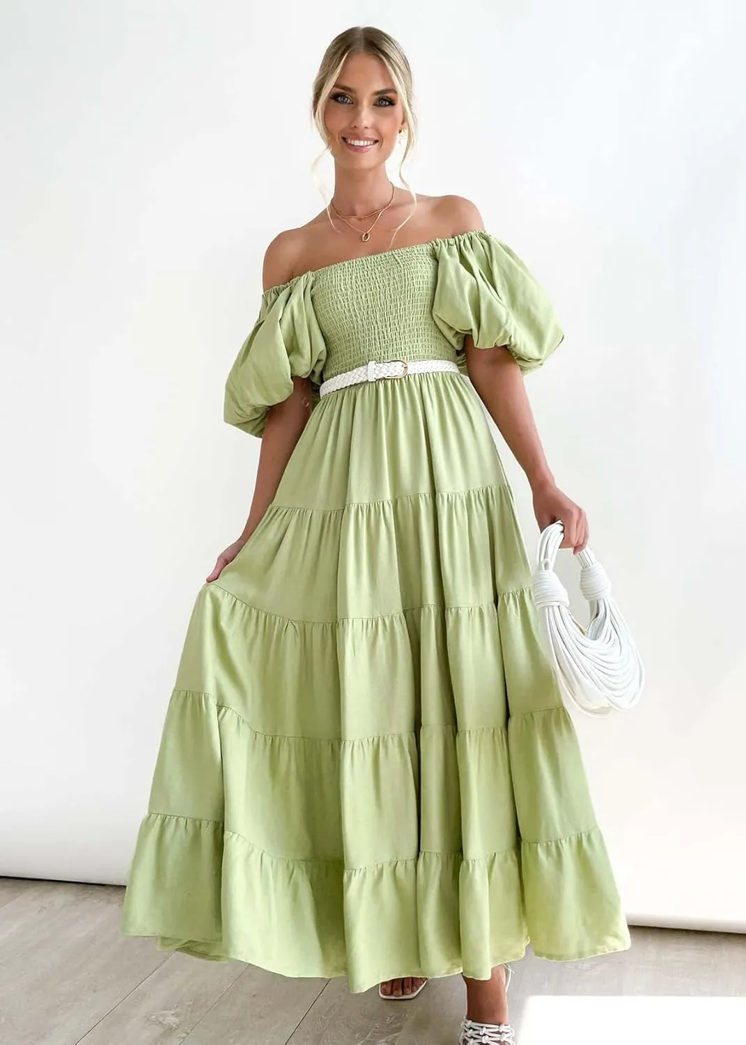 Womens Spring Summer Long Dresses Boho Floral Square Neck Midi Dress Puff Short Sleeve Tiered Maxi Dress Beach Sundress