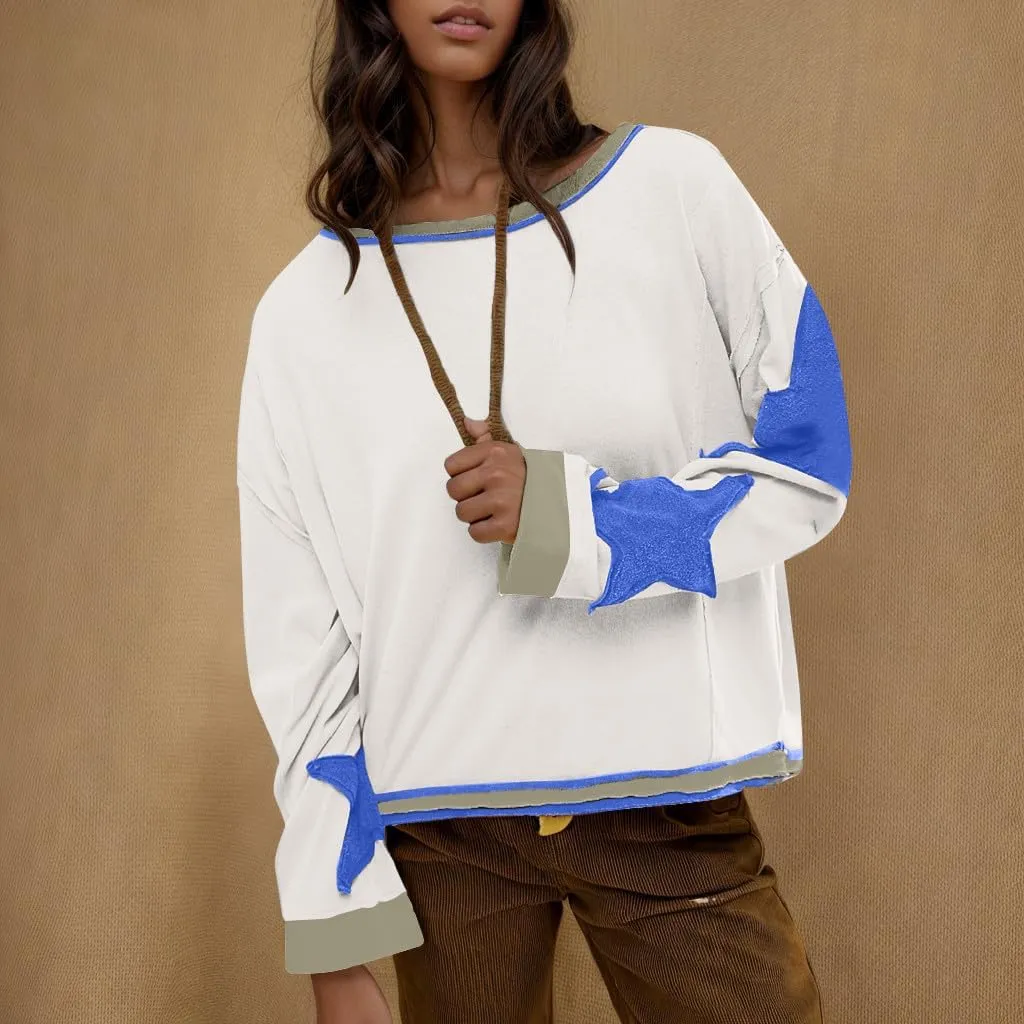 Womens Star Oversized Sweatshirt Crewneck Drop Shoulder Pullover Long Sleeve Shirts Tops Y2K Cute Trendy Clothes