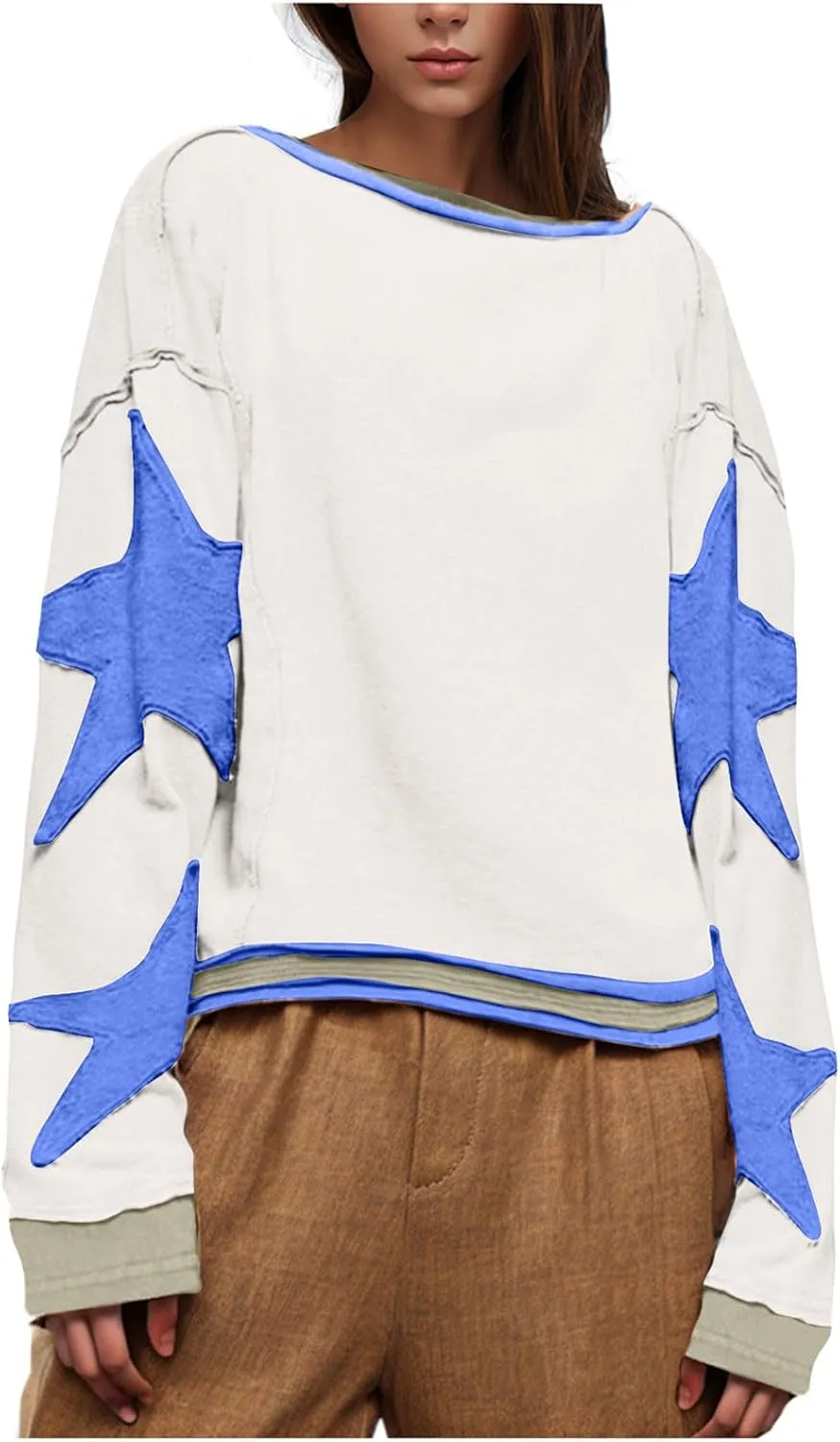 Womens Star Oversized Sweatshirt Crewneck Drop Shoulder Pullover Long Sleeve Shirts Tops Y2K Cute Trendy Clothes
