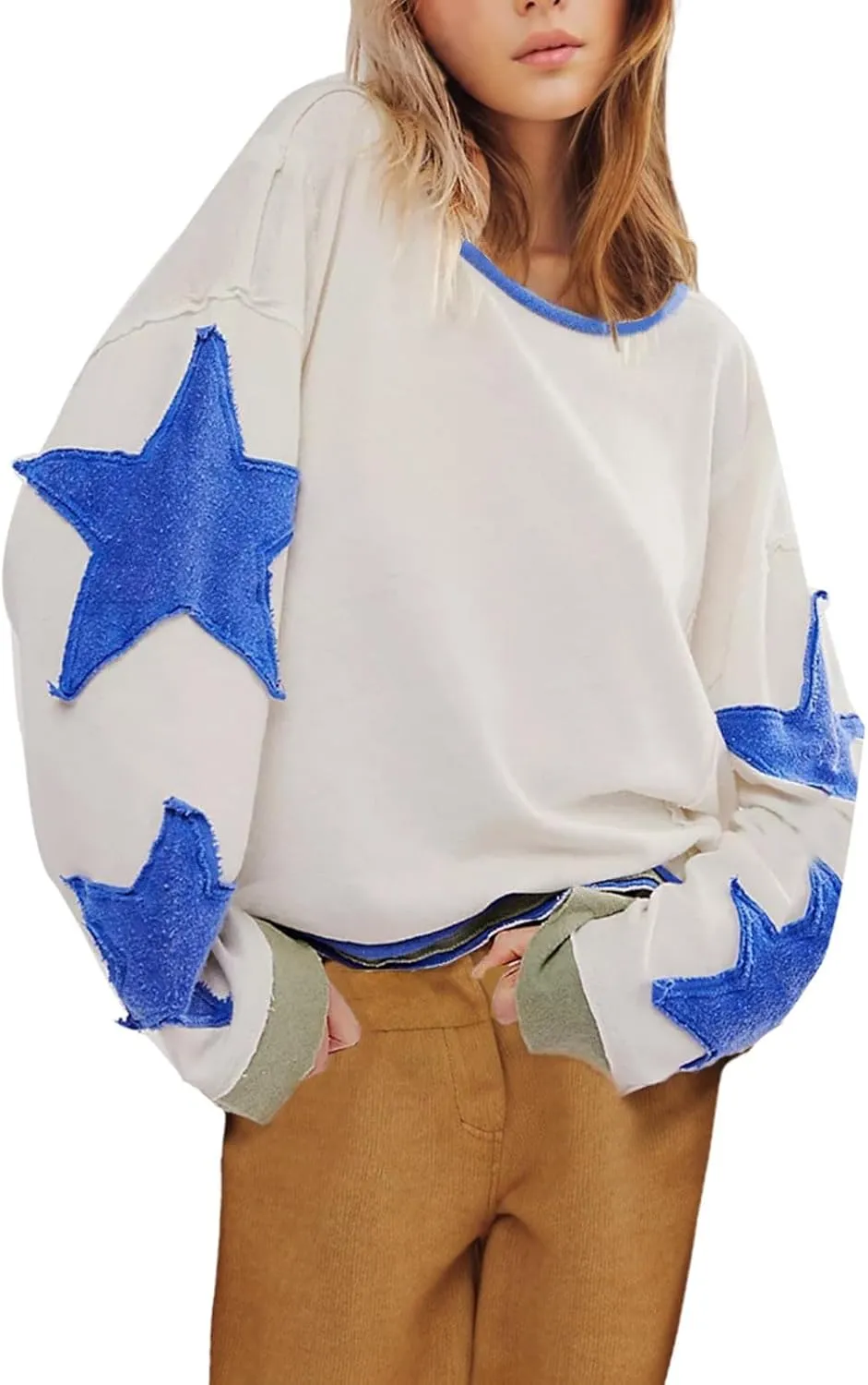 Womens Star Oversized Sweatshirt Crewneck Drop Shoulder Pullover Long Sleeve Shirts Tops Y2K Cute Trendy Clothes