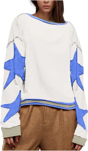 Womens Star Oversized Sweatshirt Crewneck Drop Shoulder Pullover Long Sleeve Shirts Tops Y2K Cute Trendy Clothes