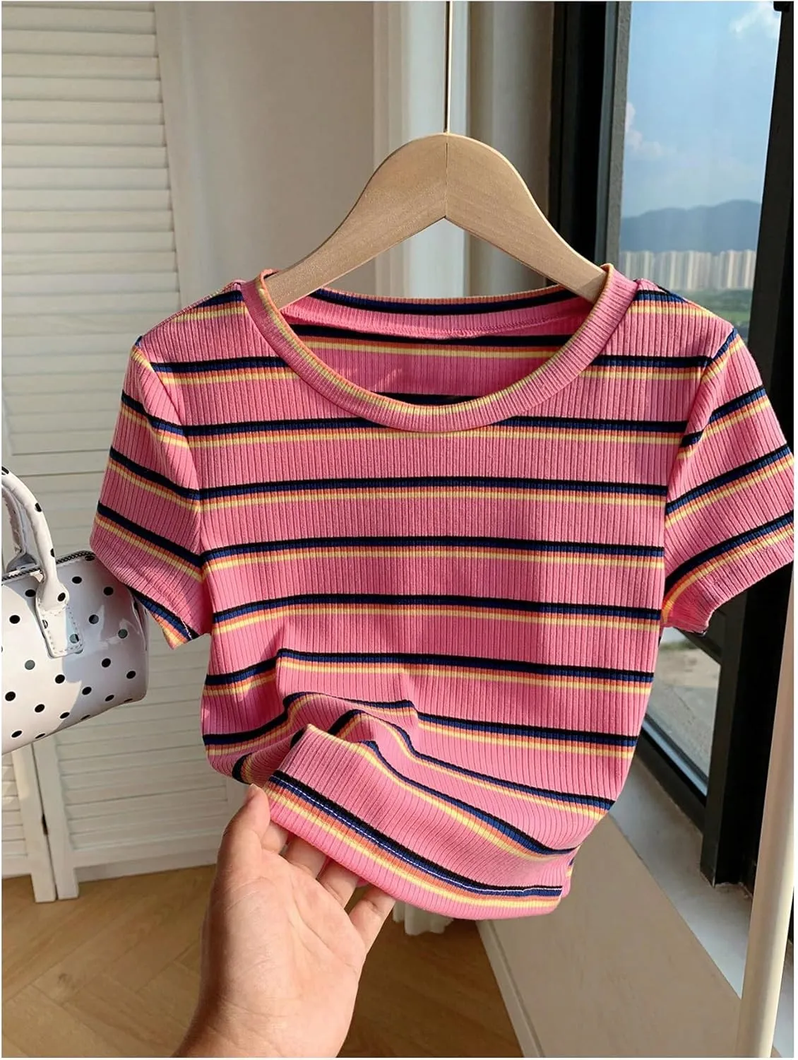 Women's Striped Colorblock T Shirt Short Sleeve Crew Neck Ribbed Knit Crop Tops