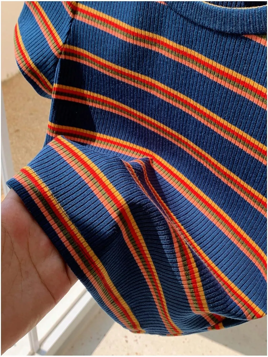 Women's Striped Colorblock T Shirt Short Sleeve Crew Neck Ribbed Knit Crop Tops