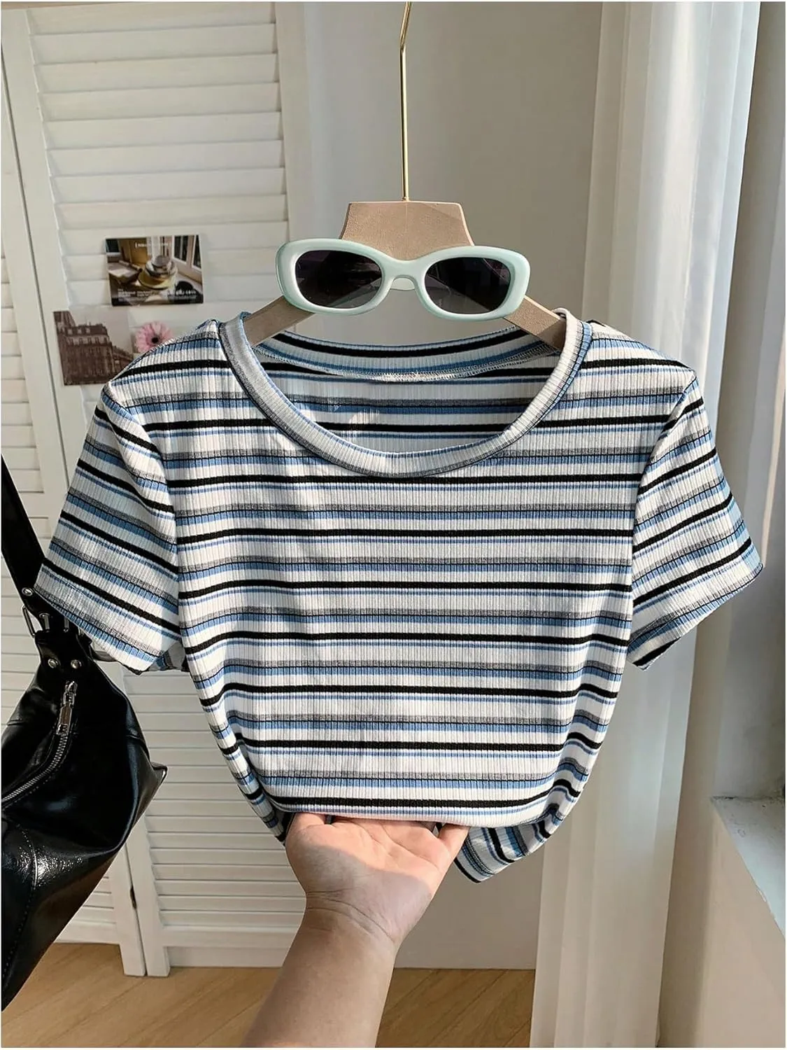 Women's Striped Colorblock T Shirt Short Sleeve Crew Neck Ribbed Knit Crop Tops