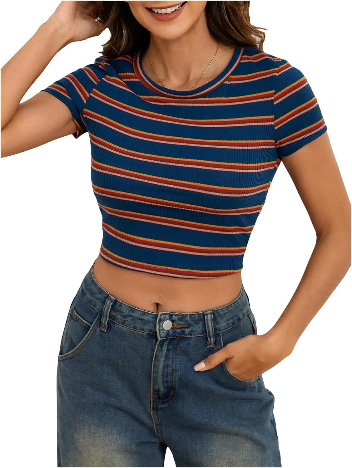 Women's Striped Colorblock T Shirt Short Sleeve Crew Neck Ribbed Knit Crop Tops