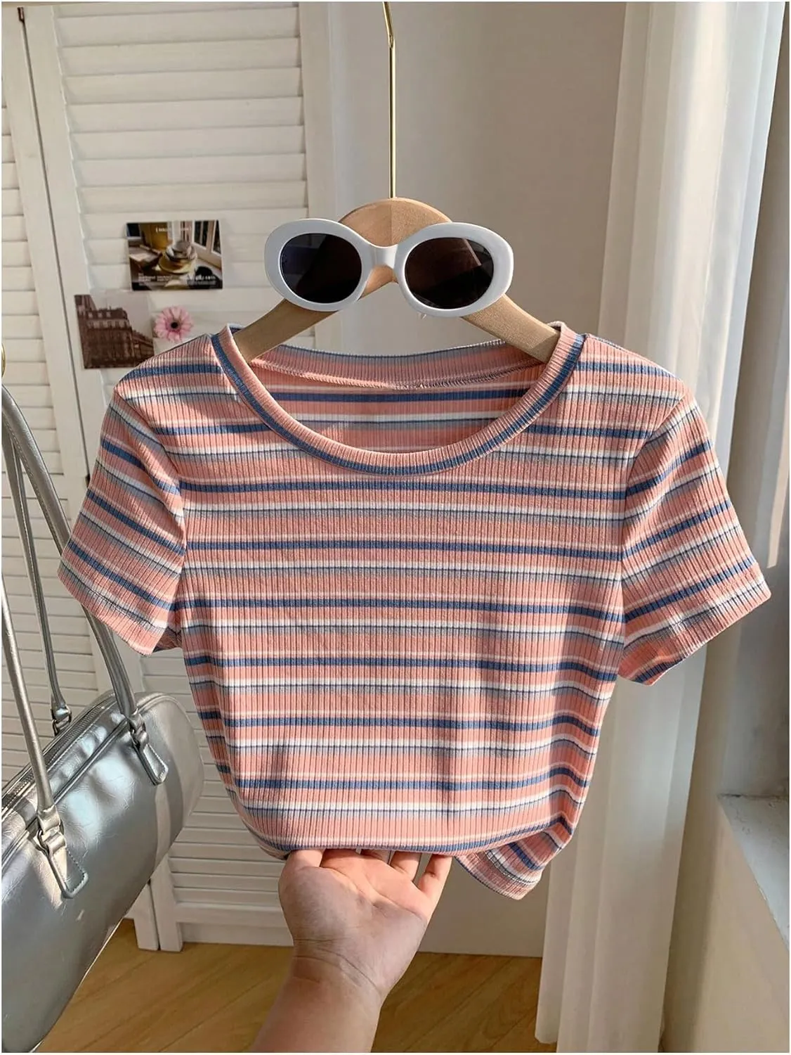 Women's Striped Colorblock T Shirt Short Sleeve Crew Neck Ribbed Knit Crop Tops