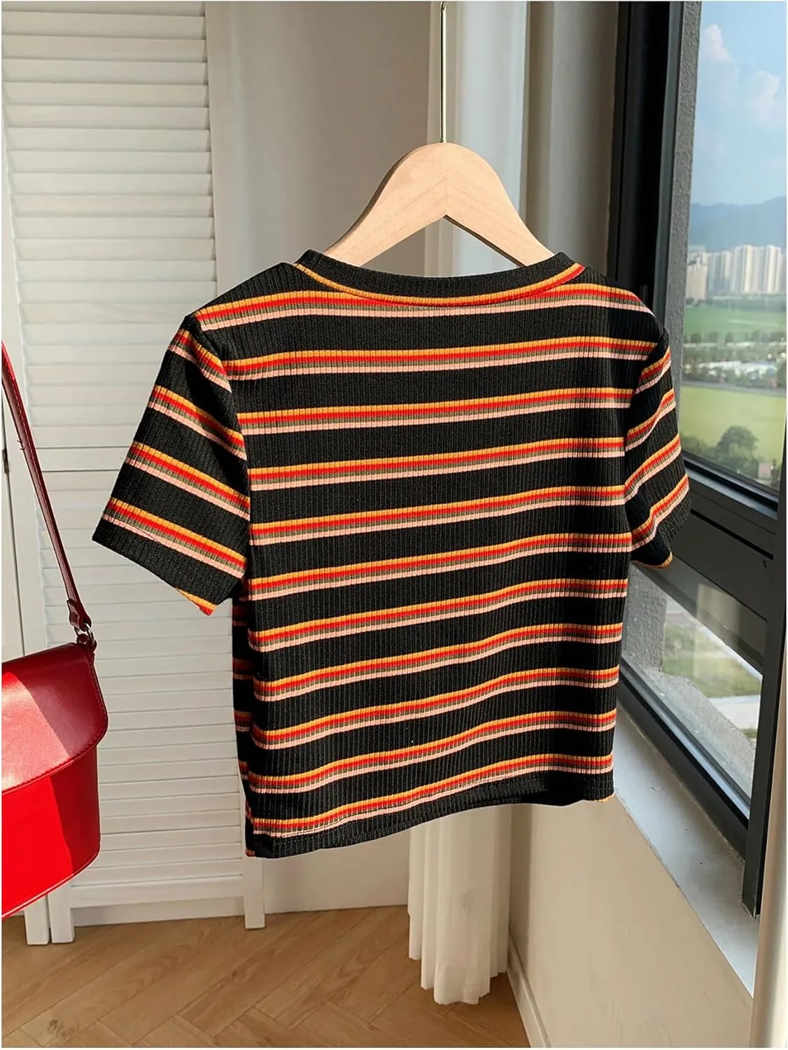 Women's Striped Colorblock T Shirt Short Sleeve Crew Neck Ribbed Knit Crop Tops