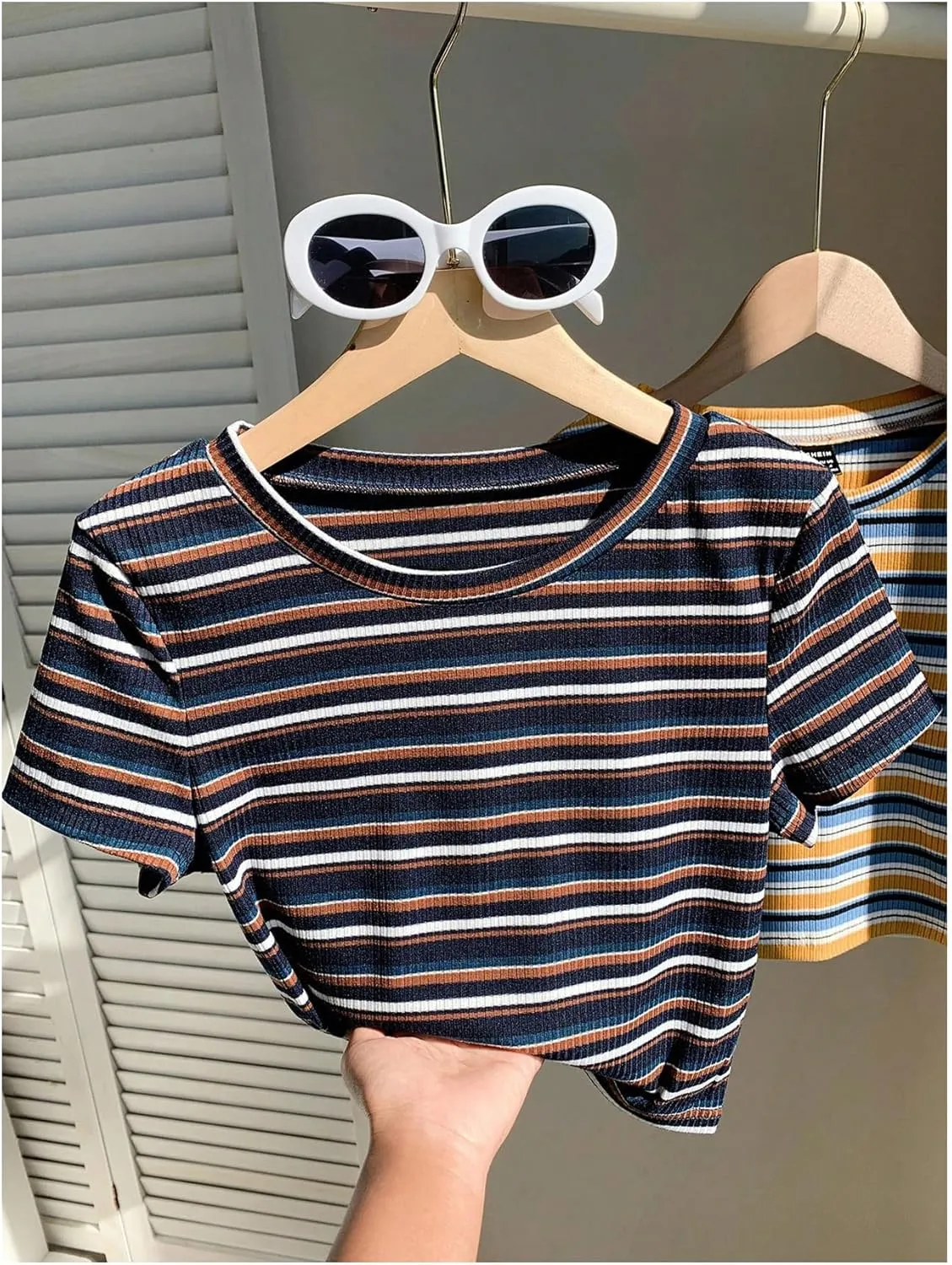 Women's Striped Colorblock T Shirt Short Sleeve Crew Neck Ribbed Knit Crop Tops