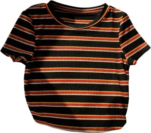Women's Striped Colorblock T Shirt Short Sleeve Crew Neck Ribbed Knit Crop Tops