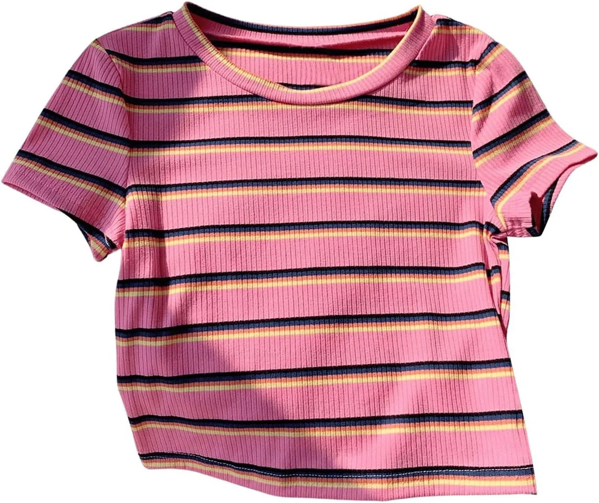 Women's Striped Colorblock T Shirt Short Sleeve Crew Neck Ribbed Knit Crop Tops