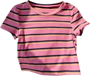Women's Striped Colorblock T Shirt Short Sleeve Crew Neck Ribbed Knit Crop Tops