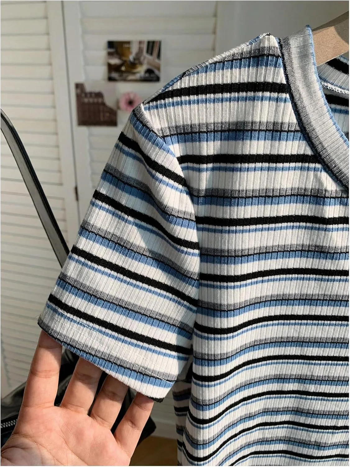 Women's Striped Colorblock T Shirt Short Sleeve Crew Neck Ribbed Knit Crop Tops