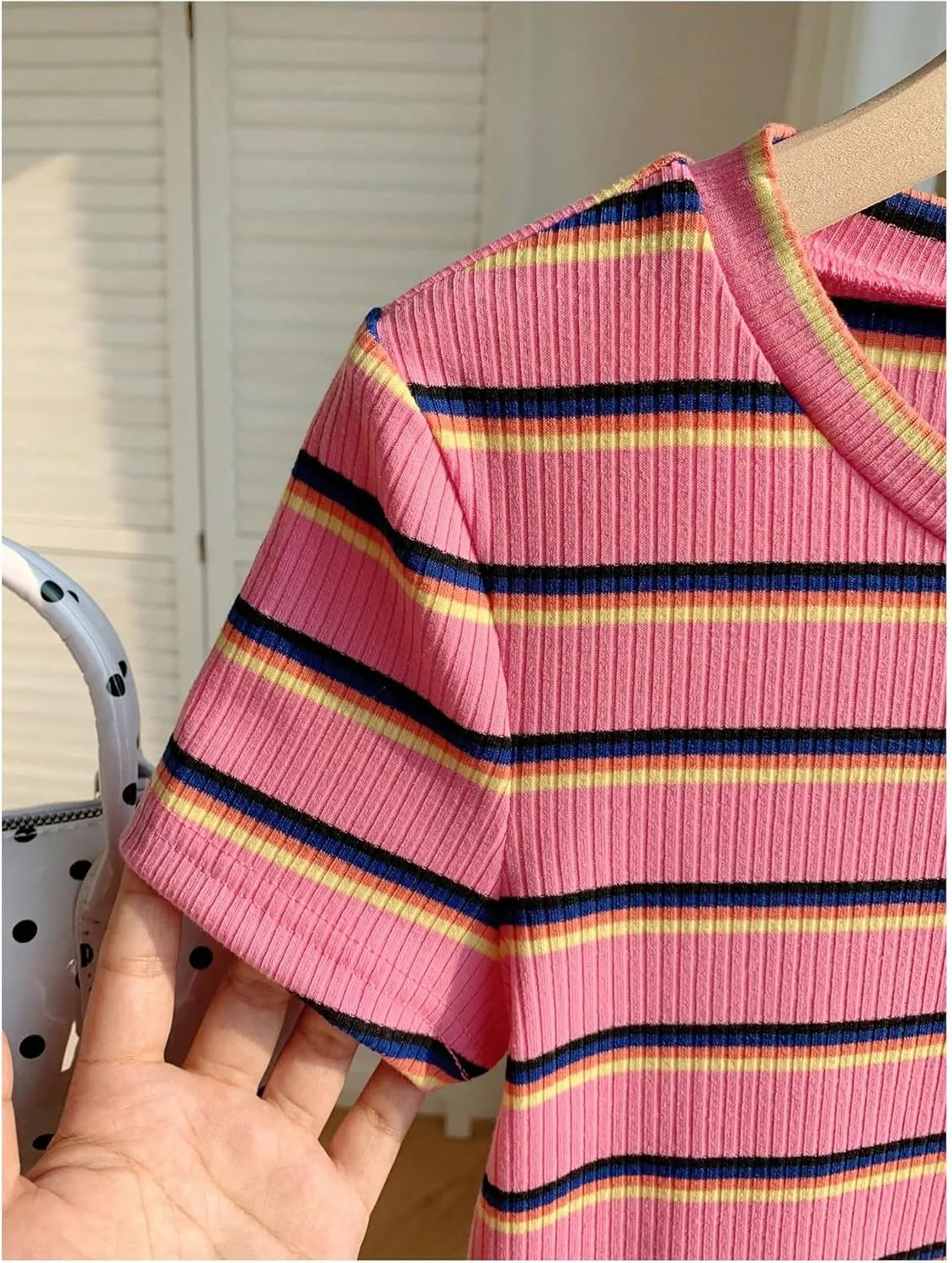 Women's Striped Colorblock T Shirt Short Sleeve Crew Neck Ribbed Knit Crop Tops