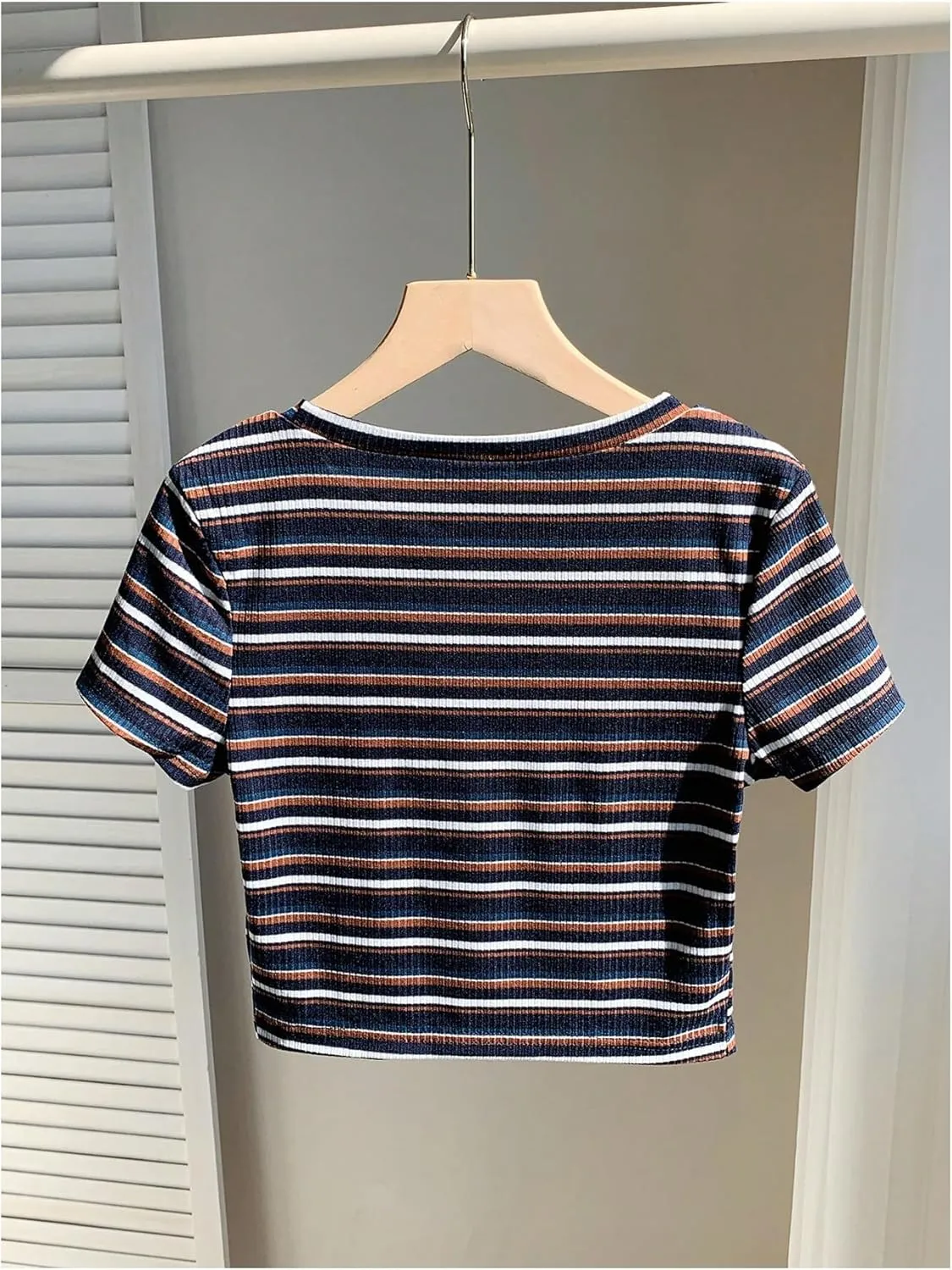 Women's Striped Colorblock T Shirt Short Sleeve Crew Neck Ribbed Knit Crop Tops